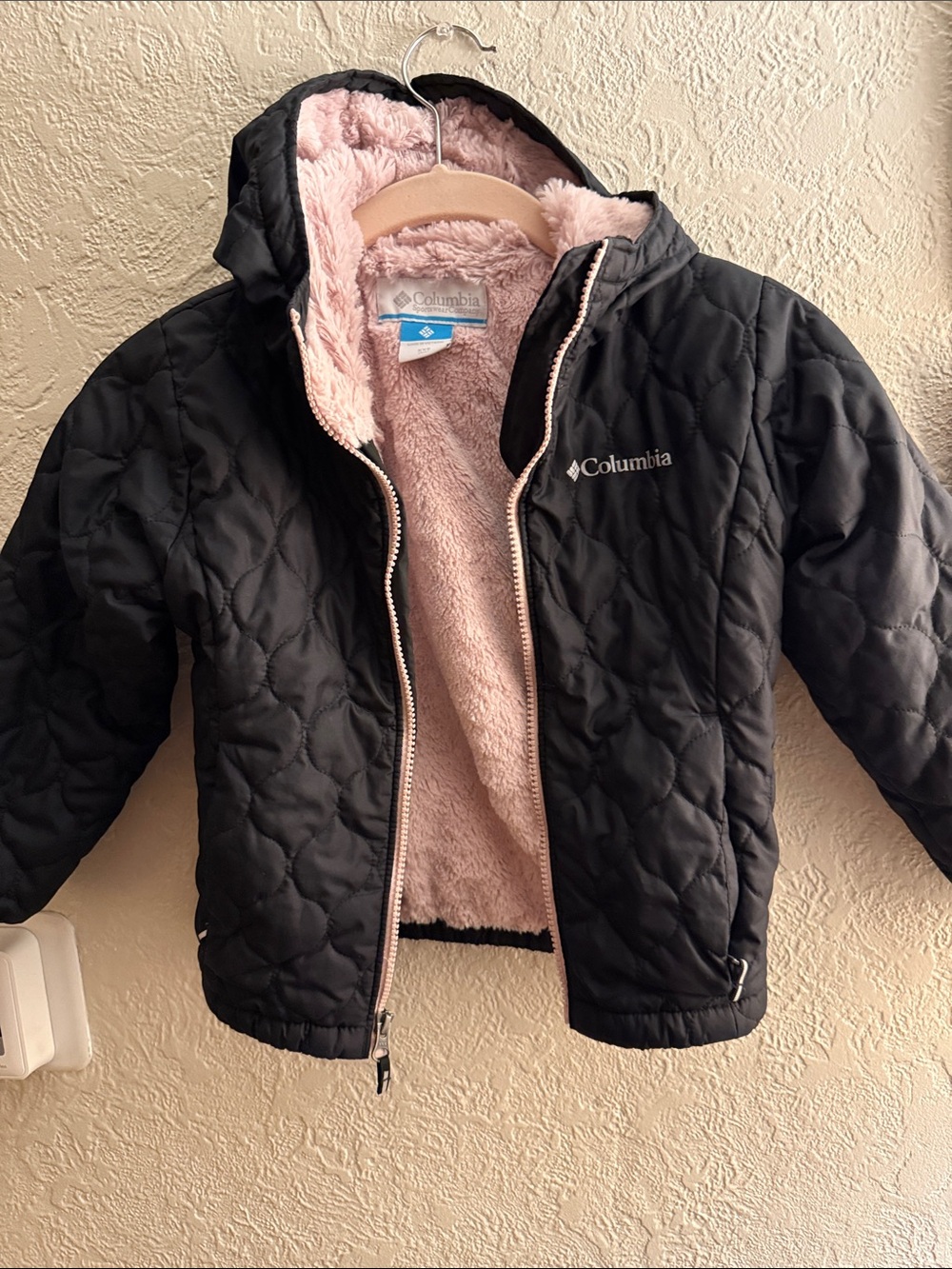 Columbia Black Quilted Jacket with Pink Sherpa Hood Lining